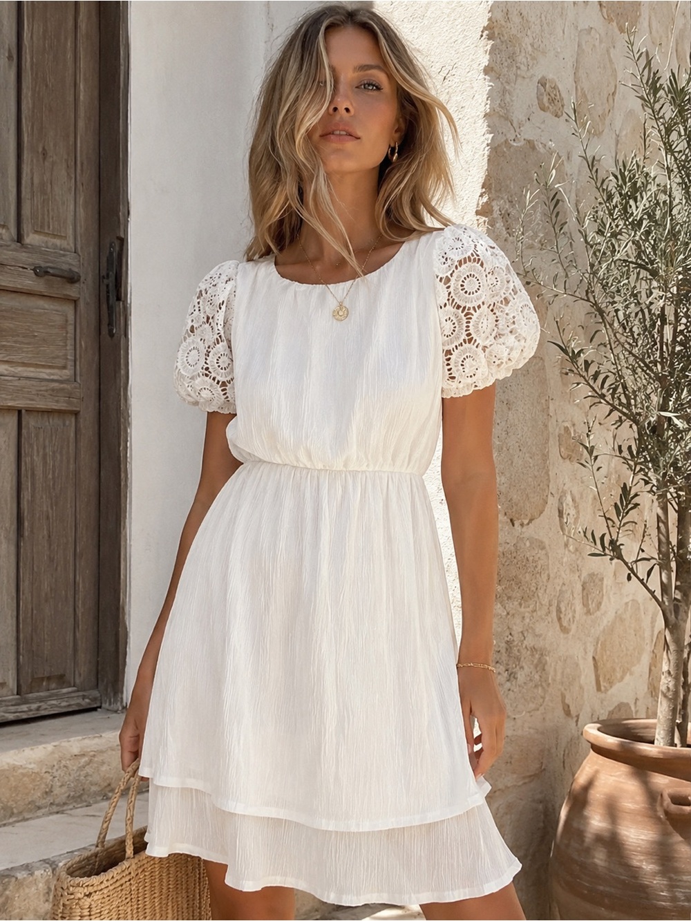 White Eyelet Puff Sleeve Dress